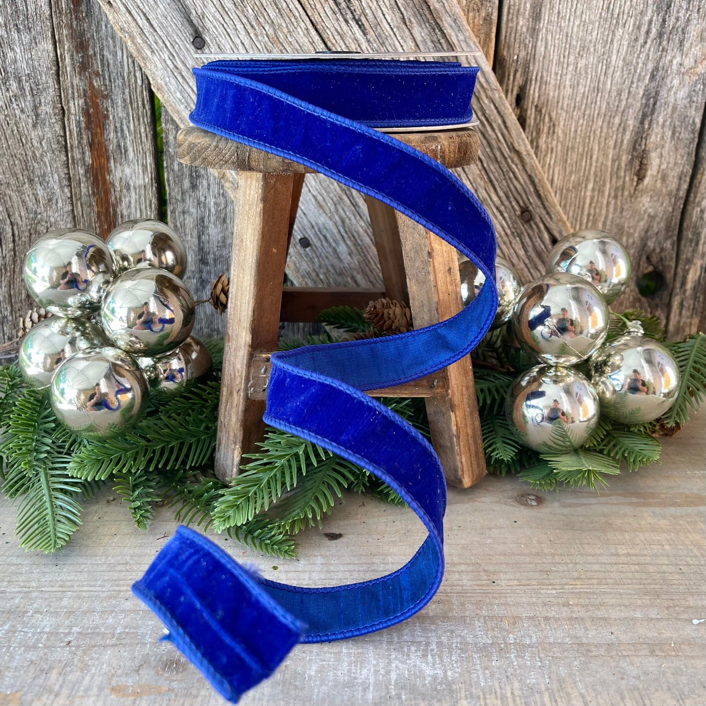 1" Blue Velvet Luster Wired Ribbon, Farrisilk Ribbon, Velvet Ribbon