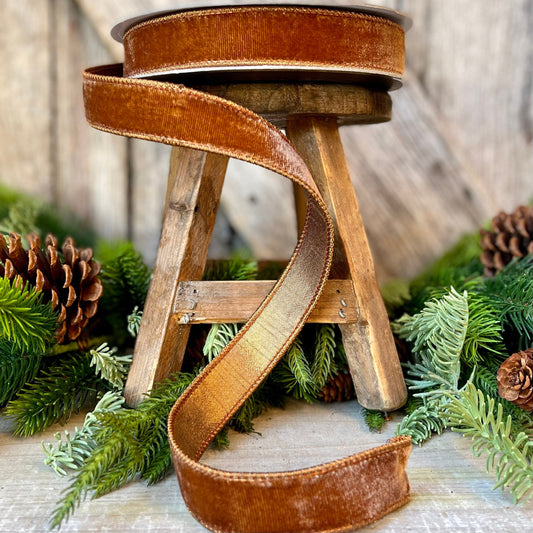 Pecan Brown Velvet Wired Ribbon: 1" Farrisilk Christmas Ribbon
