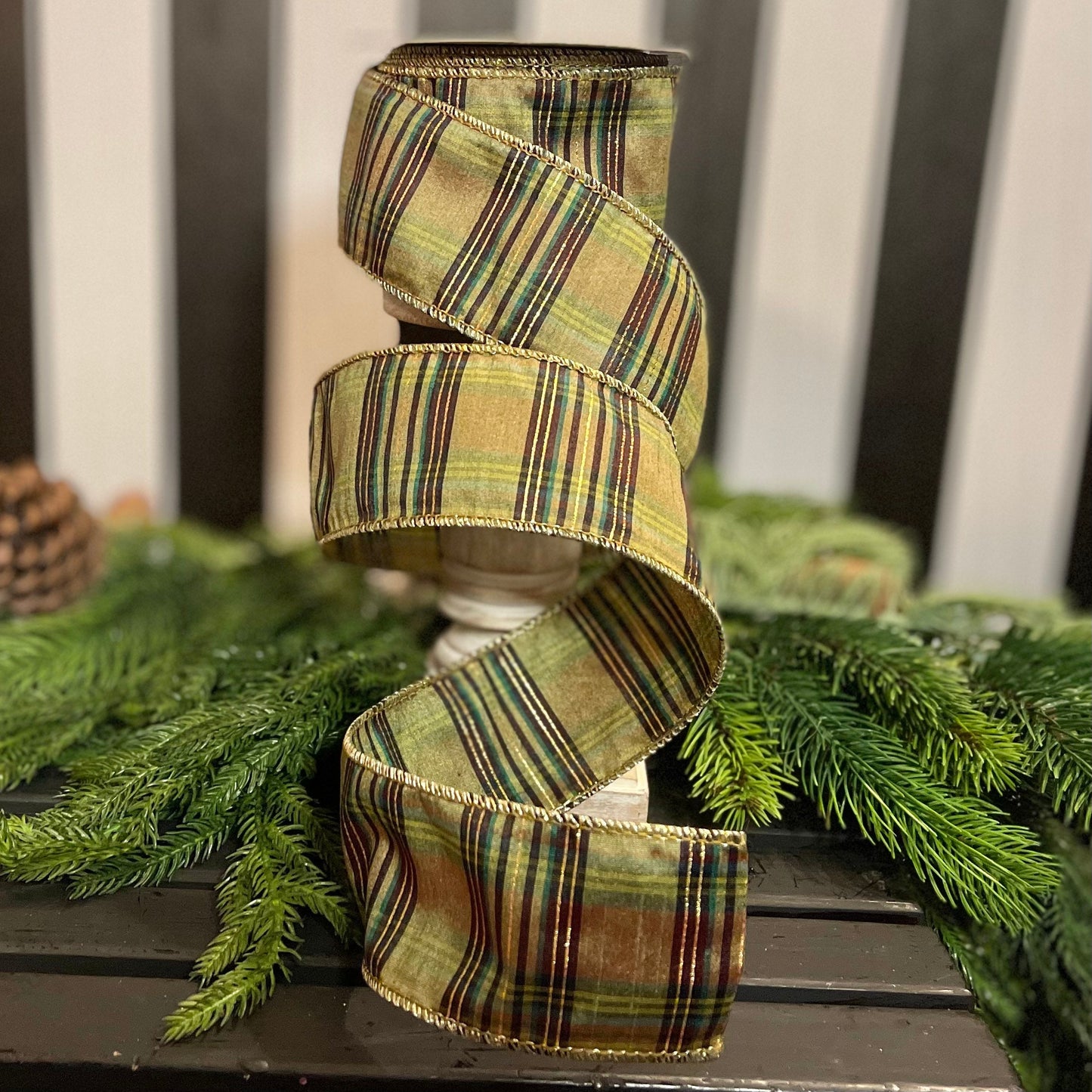 2.5" Green Moss Christmas Plaid, Woodsy Christmas Ribbon, Christmas Plaid Ribbon