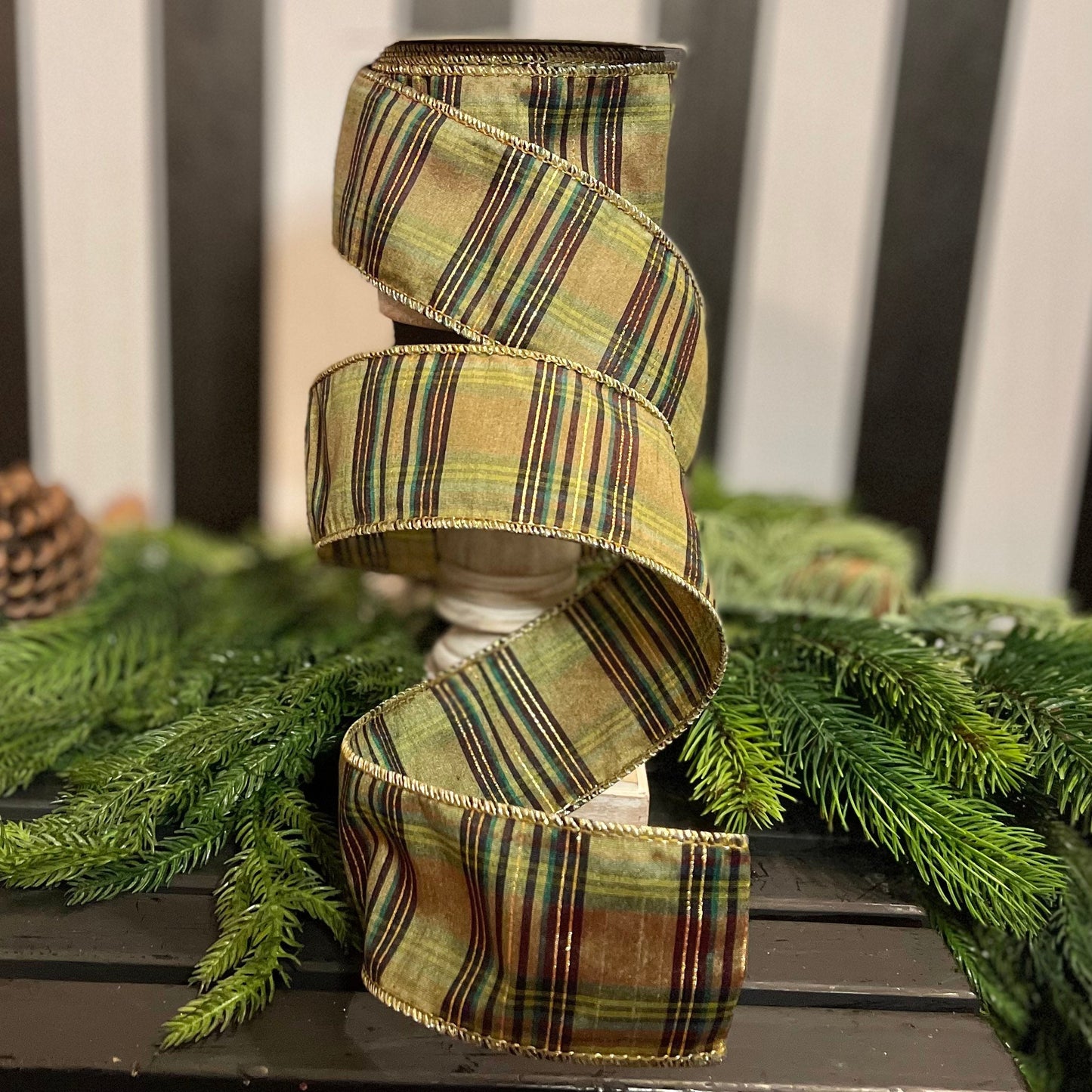 2.5" Green Moss Christmas Plaid, Woodsy Christmas Ribbon, Christmas Plaid Ribbon