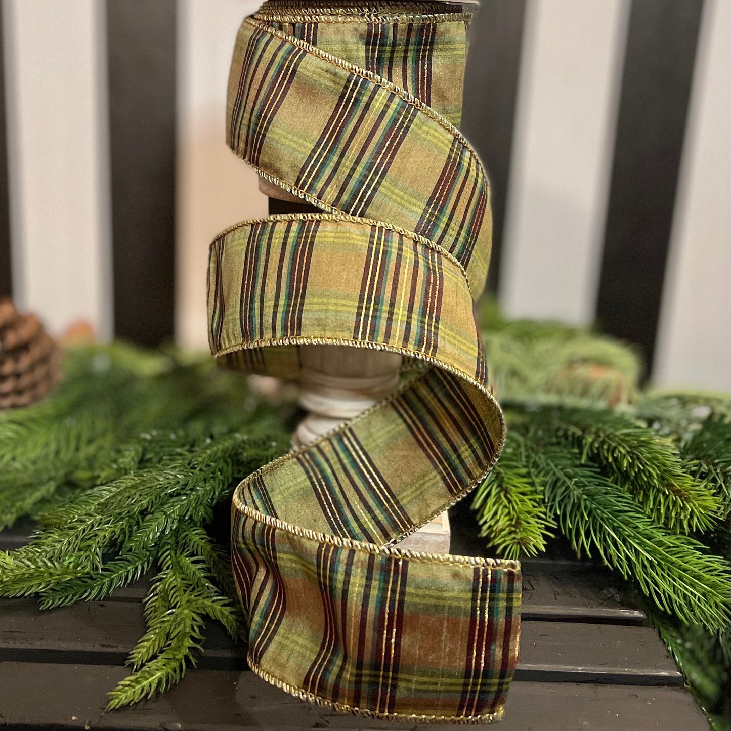 2.5" Green Moss Christmas Plaid, Woodsy Christmas Ribbon, Christmas Plaid Ribbon