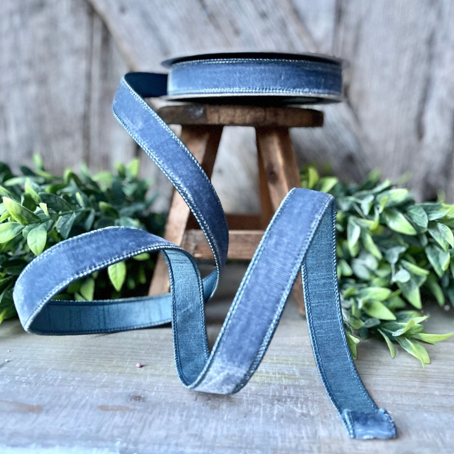 1" steel Blue Velvet Ribbon, Farrisilk Wired Velvet Ribbon, spring Velvet Ribbon, Steel Blue Velvet Ribbon, Muted Blue Velvet Ribbon
