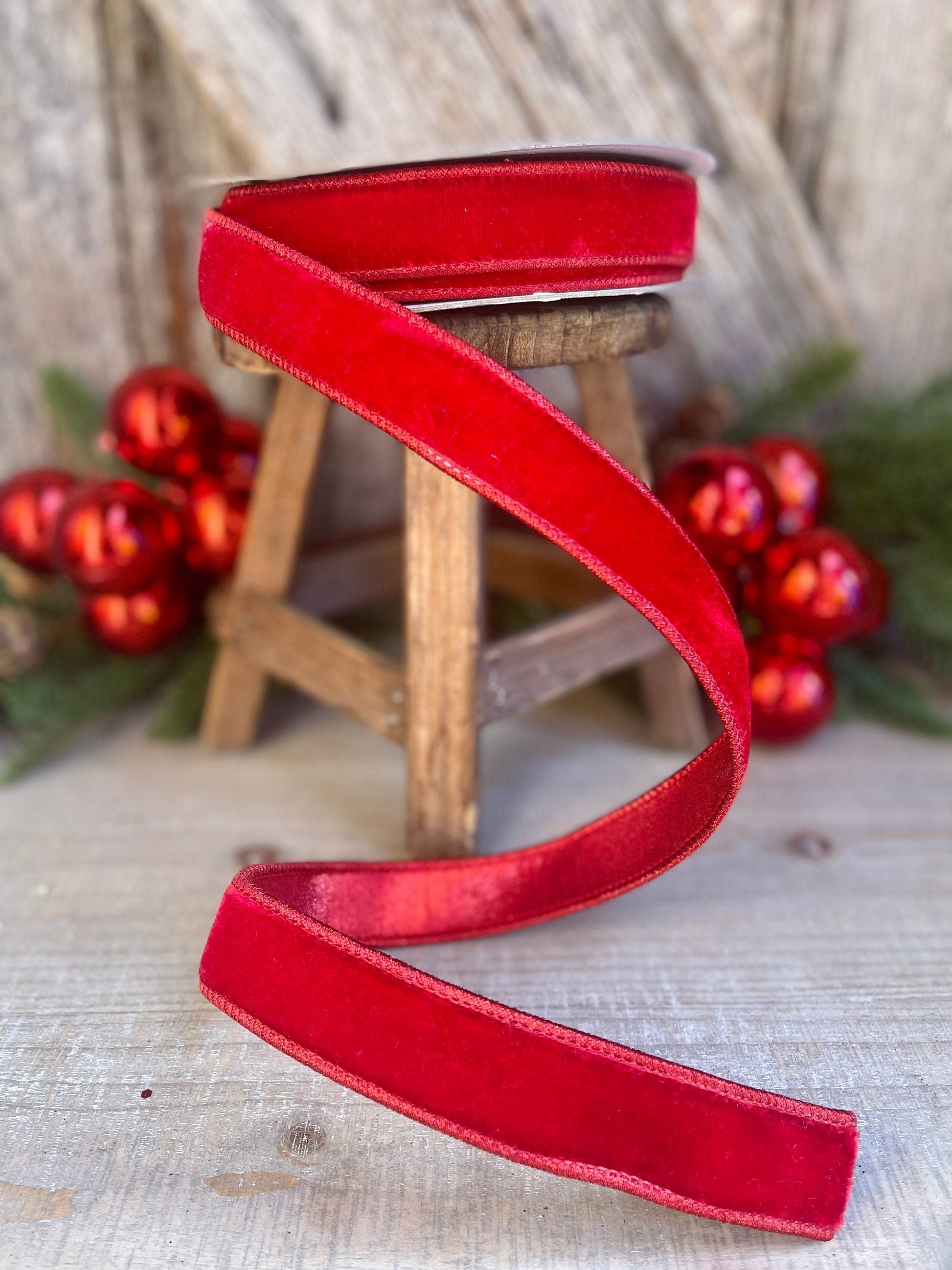 1" Red Velvet Luster Wired Ribbon, Farrisilk Ribbon, Velvet Ribbon, Red Velvet Ribbon, Christmas Ribbon, Wired Ribbon, Holiday Decor