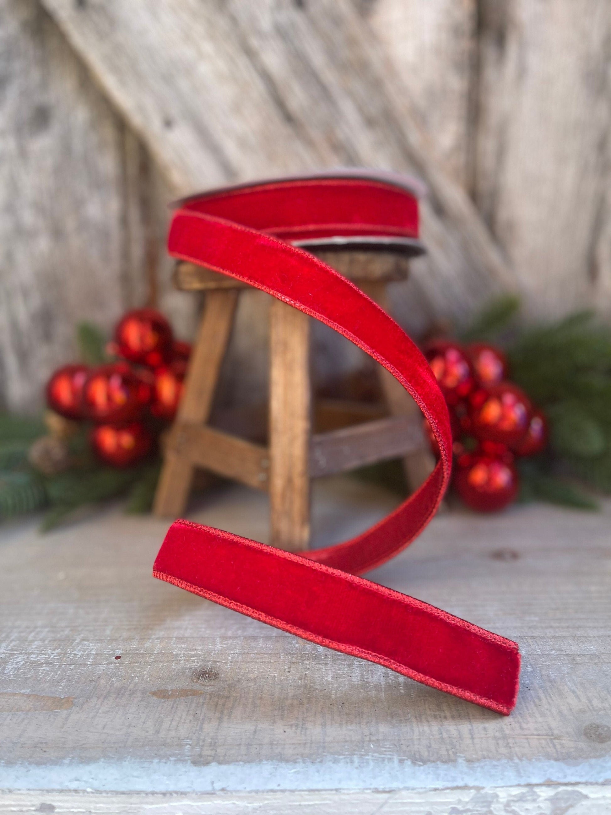 1" Red Velvet Luster Wired Ribbon, Farrisilk Ribbon, Velvet Ribbon, Red Velvet Ribbon, Christmas Ribbon, Wired Ribbon, Holiday Decor