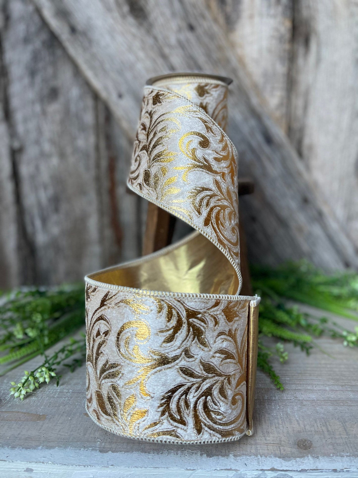 5 yards Florence Scroll ribbon, 4" Gold Ribbon, Gold Scroll, Tree Ribbon, Wired Ribbon, Wreath Supply, Christmas Ribbon, gold velvet