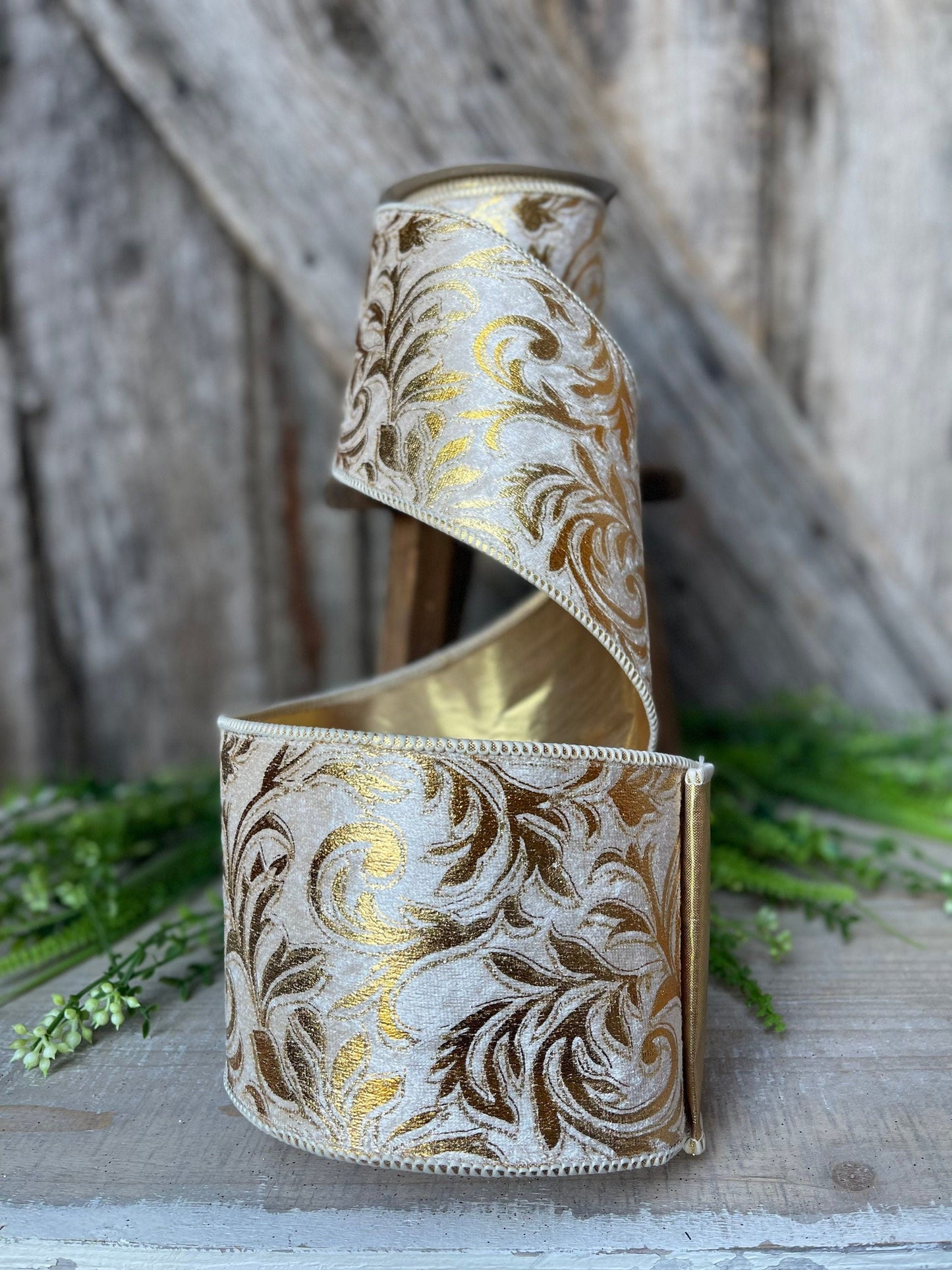 5 yards Florence Scroll ribbon, 4" Gold Ribbon, Gold Scroll, Tree Ribbon, Wired Ribbon, Wreath Supply, Christmas Ribbon, gold velvet