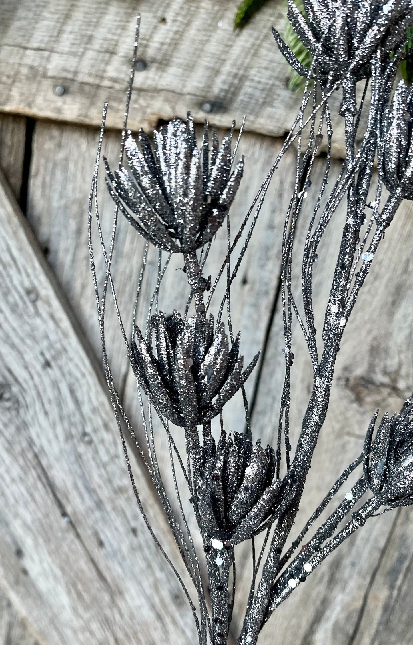 30" Pewter Mini Flower Glitter Spray, Silver Spray, Dark Silver Glitter Spray, Christmas Spray, Christmas Tree Spray, Picks and Stems