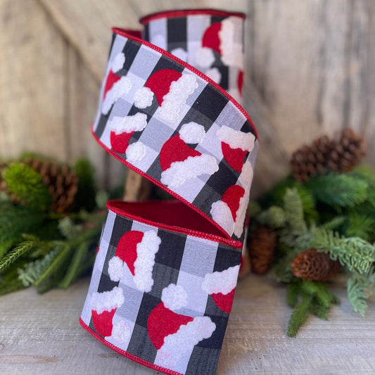 4" Santa Hats on Checks, Christmas Tree Ribbon, Black and White Checks, Farrisilk Ribbon, Wired RIbbon, Christmas Tree Ribbon, Santa Decor