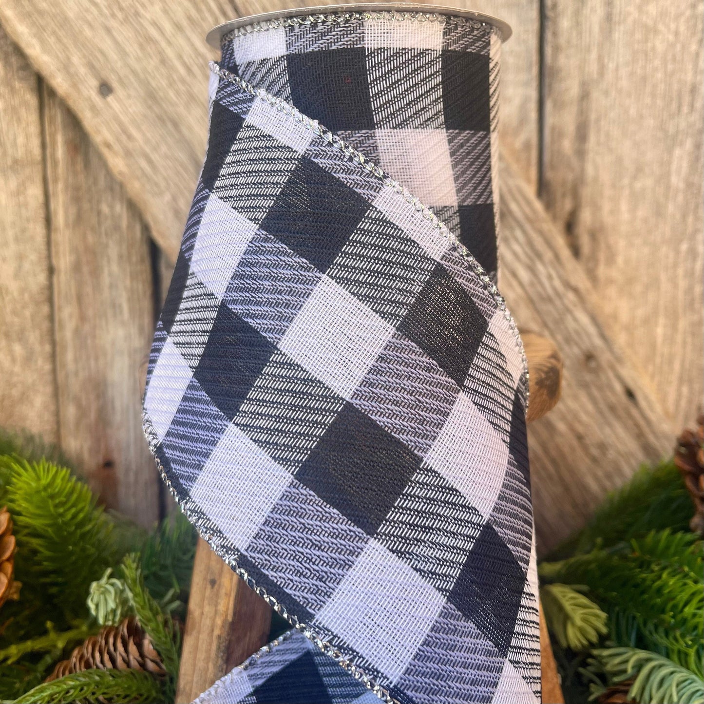 4" Black and White Gingham Check, Black and White Buffalo Plaid Ribbon, Wired Ribbon, Christmas Ribbon, Seasonal Ribbon, Christmas Tree