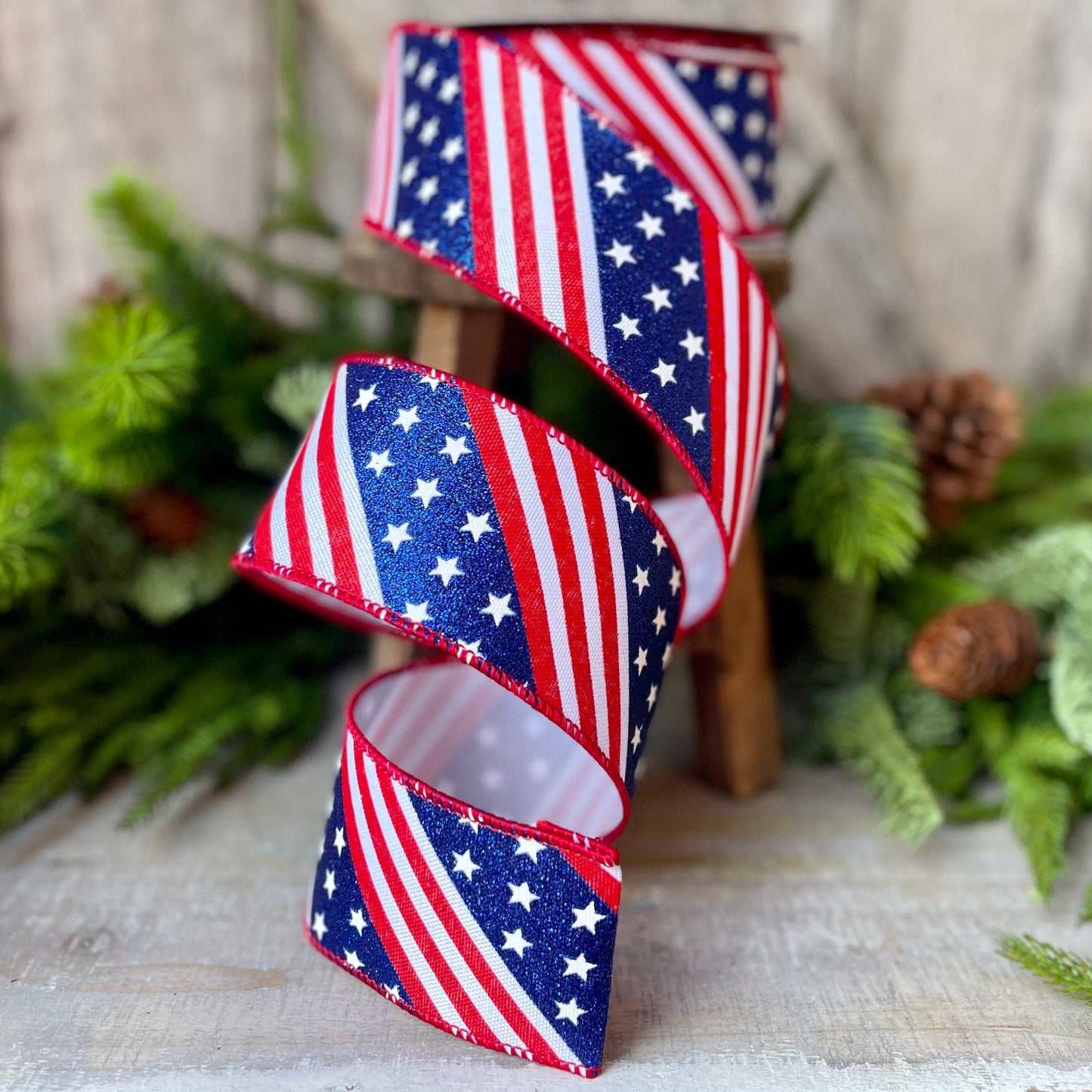 2.5" Stars and Stripes Patriotic Ribbon by Farrisilk, Patriotic Wired Ribbon, American Ribbon, 4th of July ribbon, Americana Decor