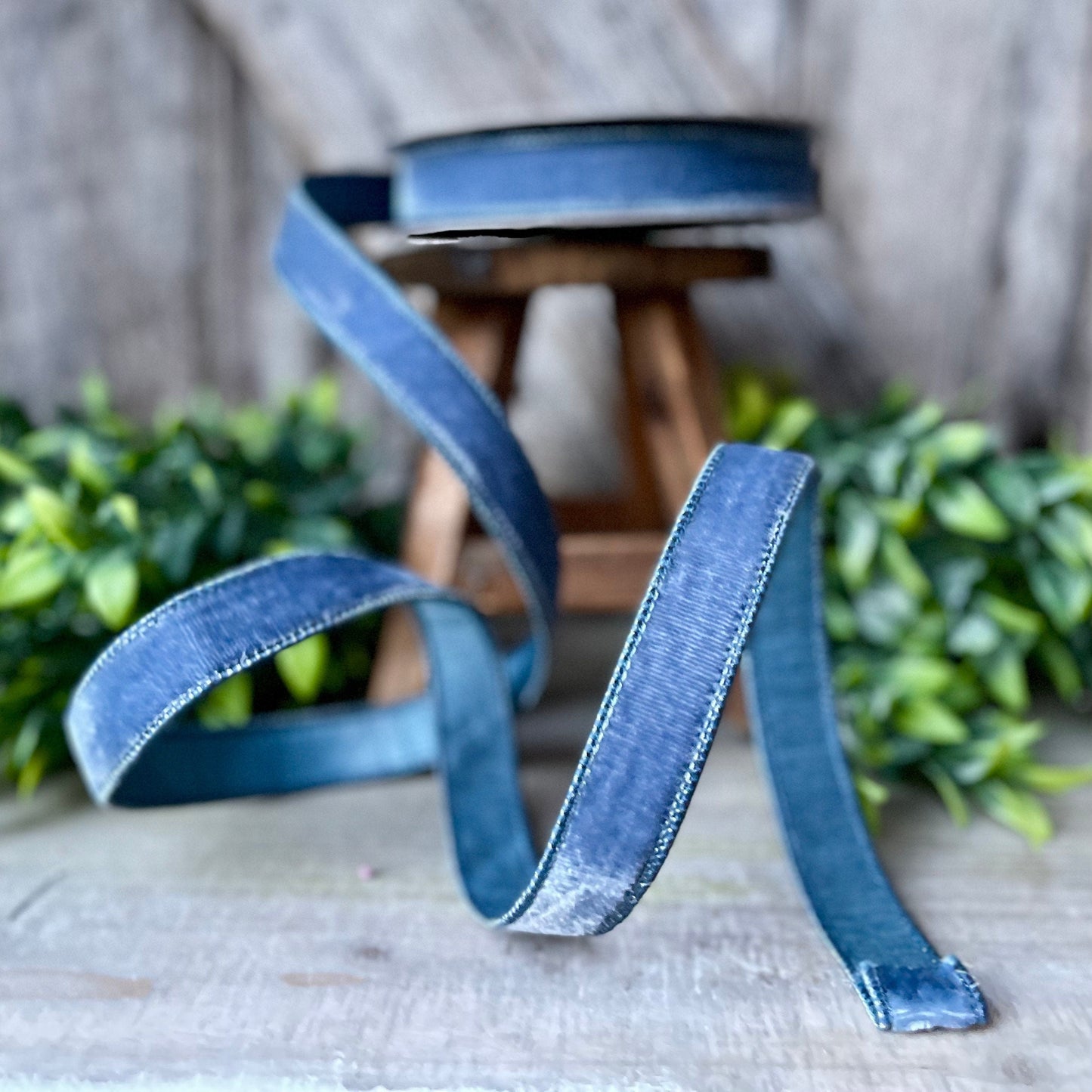 1" steel Blue Velvet Ribbon, Farrisilk Wired Velvet Ribbon, spring Velvet Ribbon, Steel Blue Velvet Ribbon, Muted Blue Velvet Ribbon