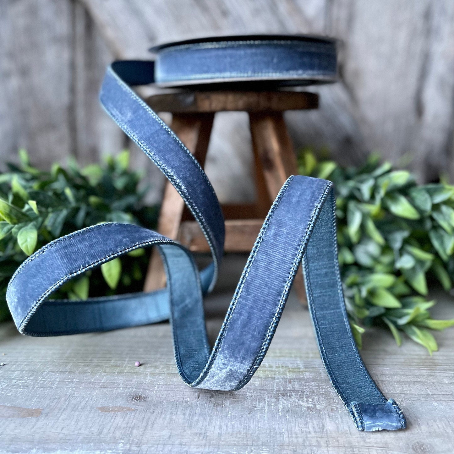 1" steel Blue Velvet Ribbon, Farrisilk Wired Velvet Ribbon, spring Velvet Ribbon, Steel Blue Velvet Ribbon, Muted Blue Velvet Ribbon