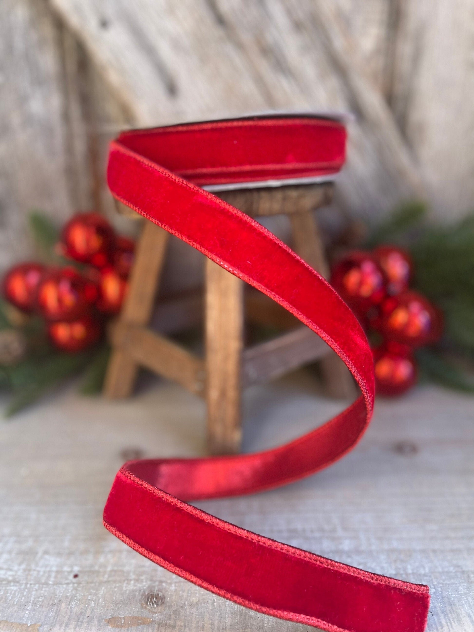 1" Red Velvet Luster Wired Ribbon, Farrisilk Ribbon, Velvet Ribbon, Red Velvet Ribbon, Christmas Ribbon, Wired Ribbon, Holiday Decor