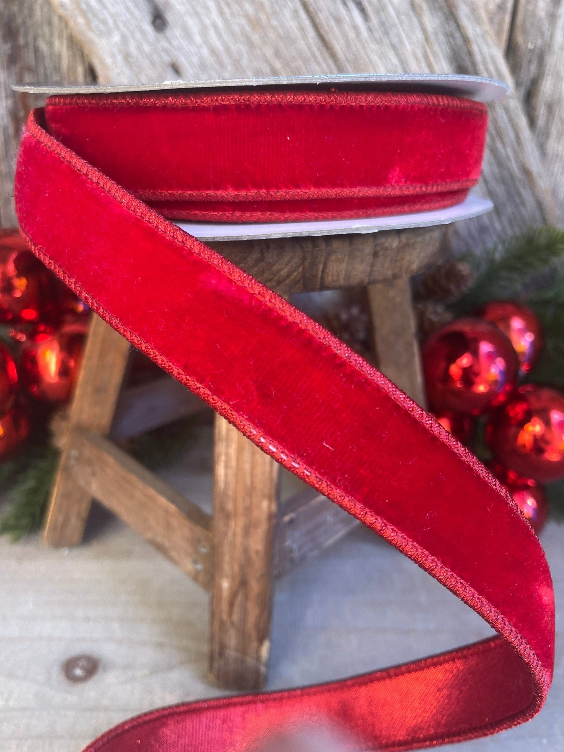 1" Red Velvet Luster Wired Ribbon, Farrisilk Ribbon, Velvet Ribbon, Red Velvet Ribbon, Christmas Ribbon, Wired Ribbon, Holiday Decor