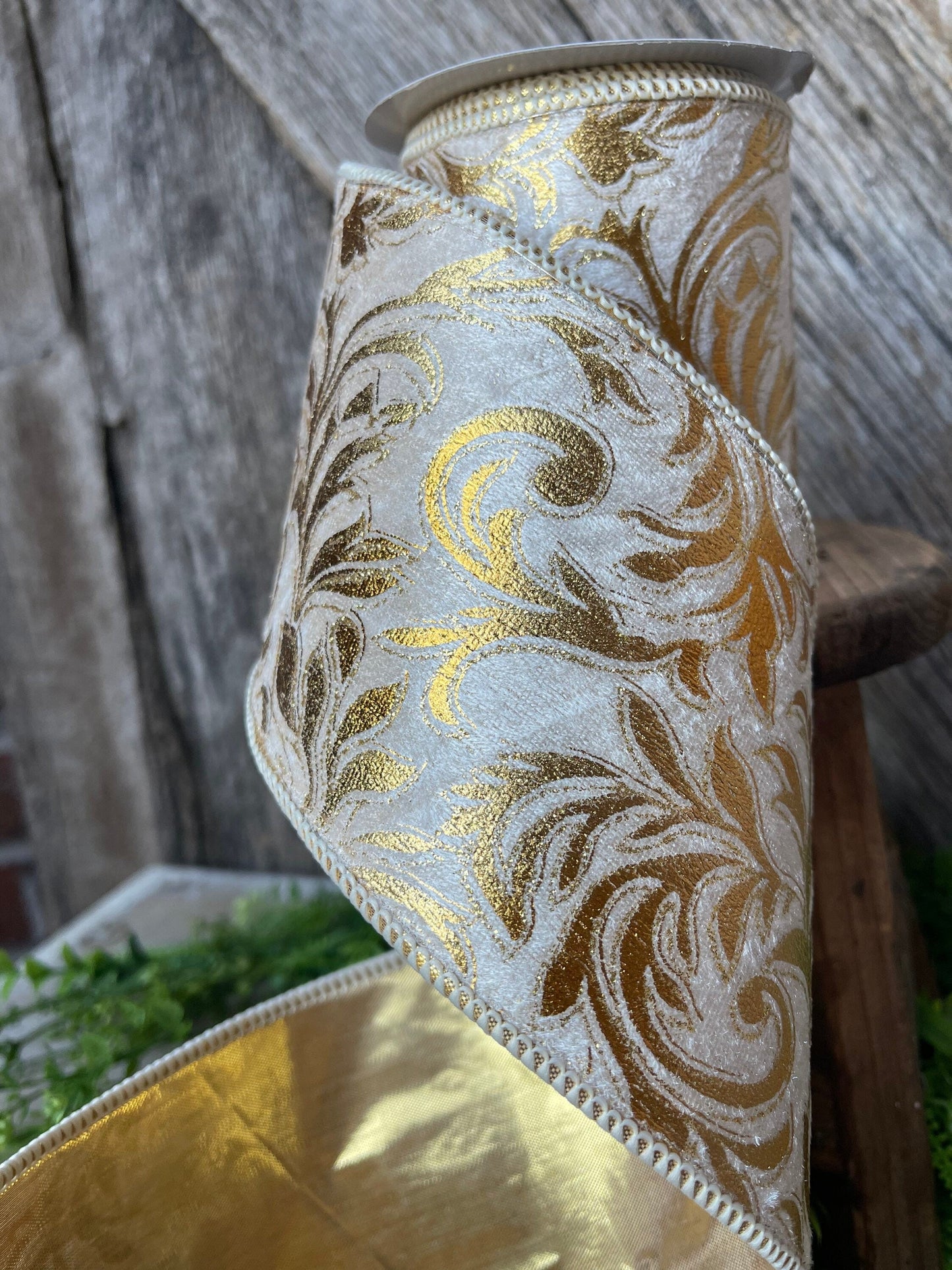5 yards Florence Scroll ribbon, 4" Gold Ribbon, Gold Scroll, Tree Ribbon, Wired Ribbon, Wreath Supply, Christmas Ribbon, gold velvet
