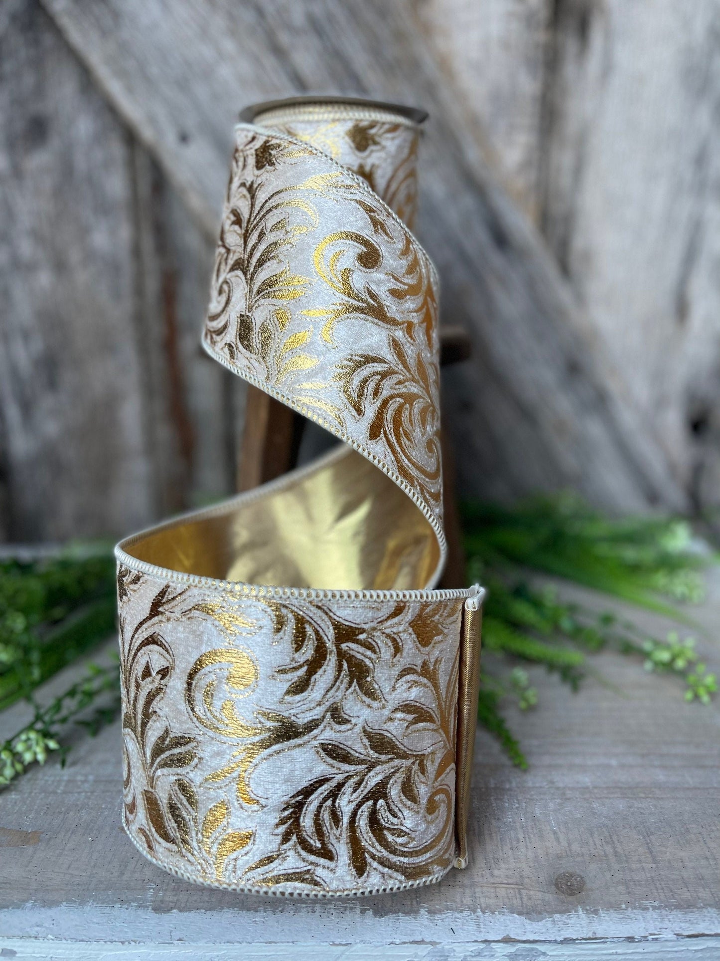 5 yards Florence Scroll ribbon, 4" Gold Ribbon, Gold Scroll, Tree Ribbon, Wired Ribbon, Wreath Supply, Christmas Ribbon, gold velvet