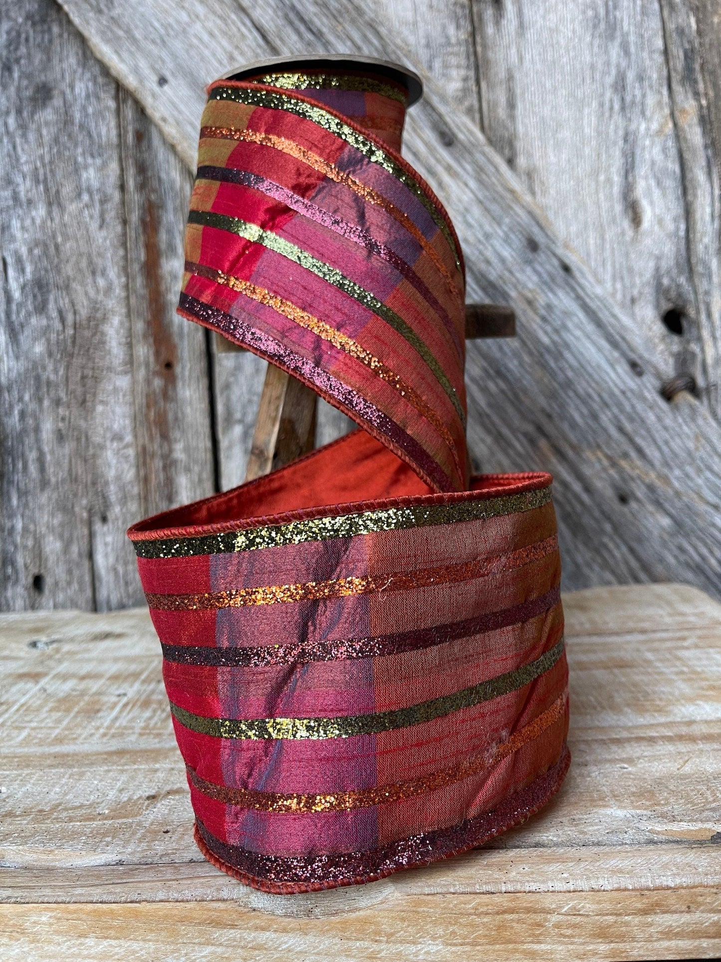 5 yards, glitter stripe ribbon, Fall plaid ribbon, glitter, ribbon, wired ribbon, ribbon, 4 inch ribbon, d Stevens ribbon