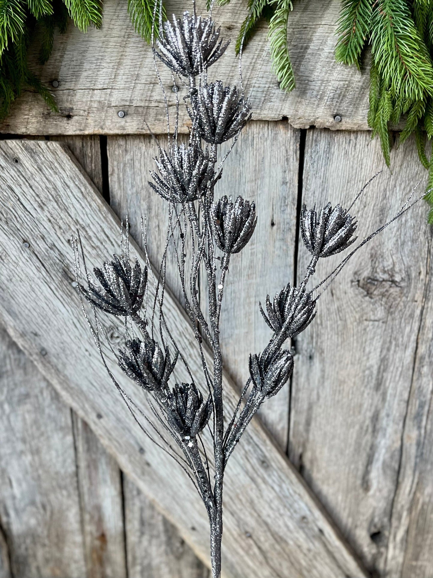 30" Pewter Mini Flower Glitter Spray, Silver Spray, Dark Silver Glitter Spray, Christmas Spray, Christmas Tree Spray, Picks and Stems