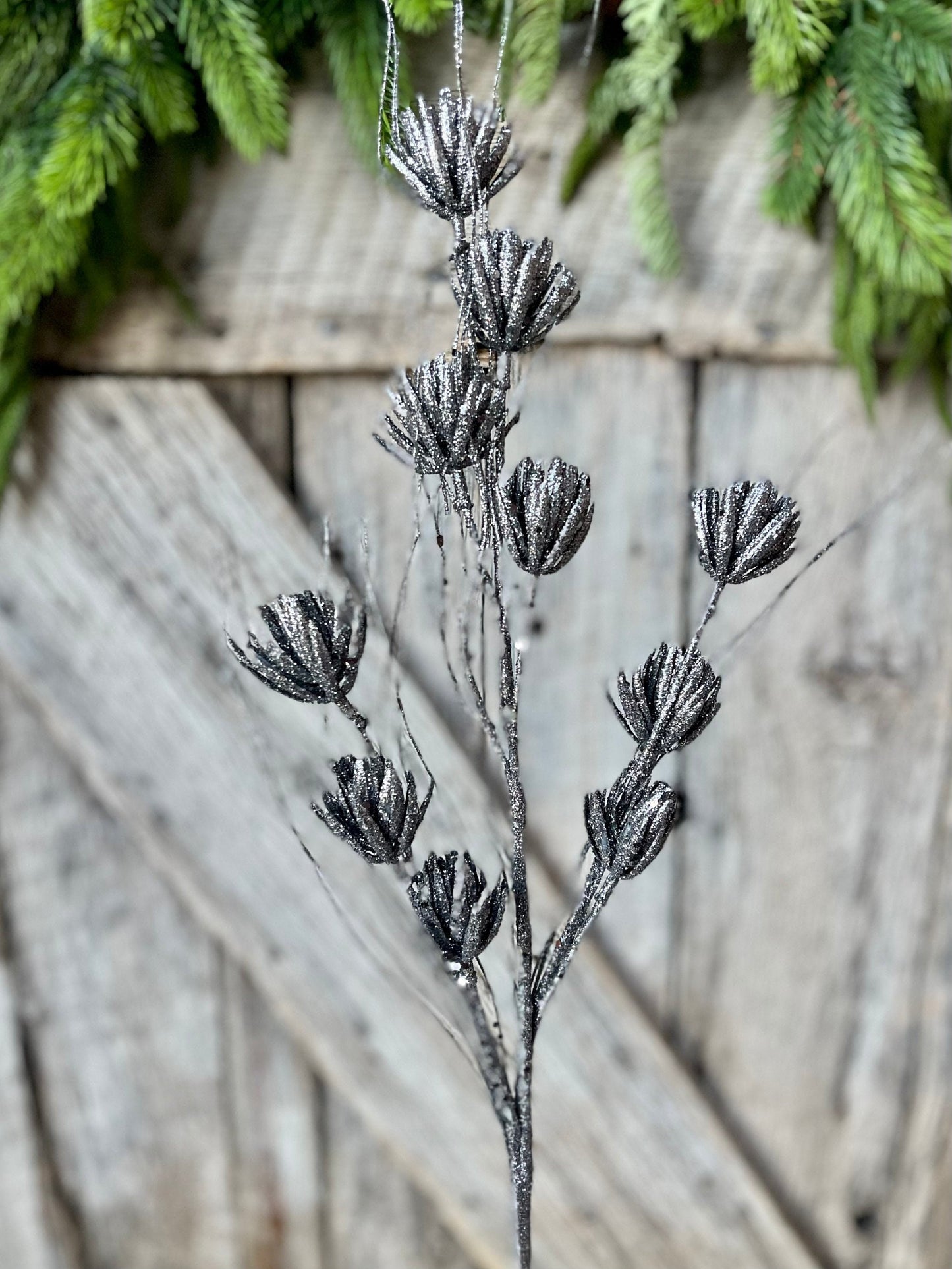 30" Pewter Mini Flower Glitter Spray, Silver Spray, Dark Silver Glitter Spray, Christmas Spray, Christmas Tree Spray, Picks and Stems