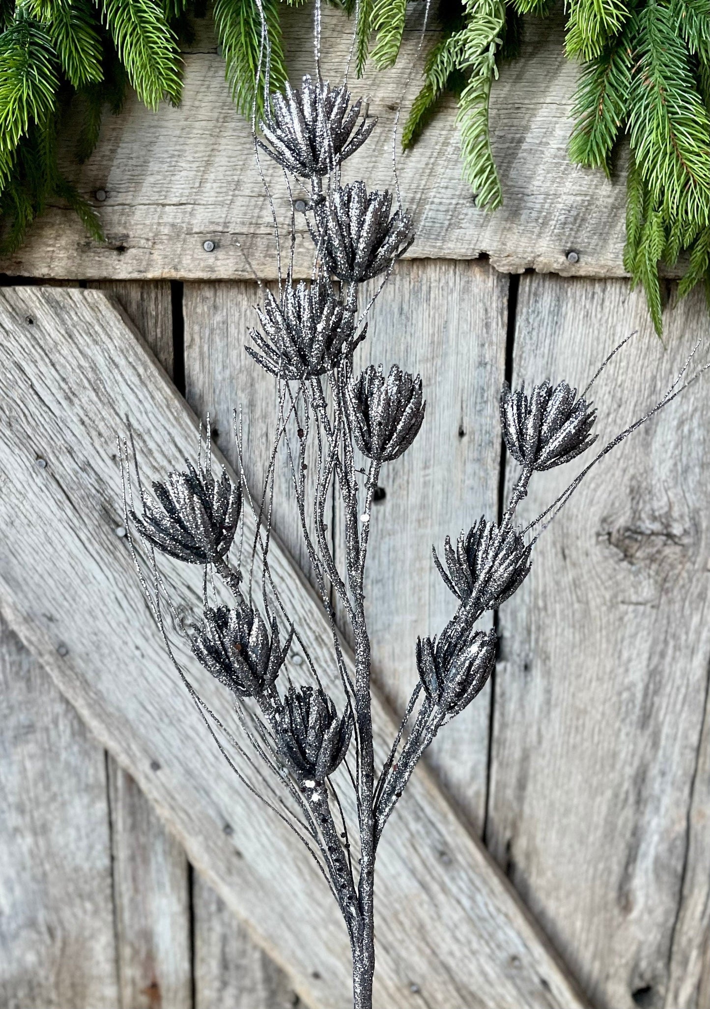 30" Pewter Mini Flower Glitter Spray, Silver Spray, Dark Silver Glitter Spray, Christmas Spray, Christmas Tree Spray, Picks and Stems