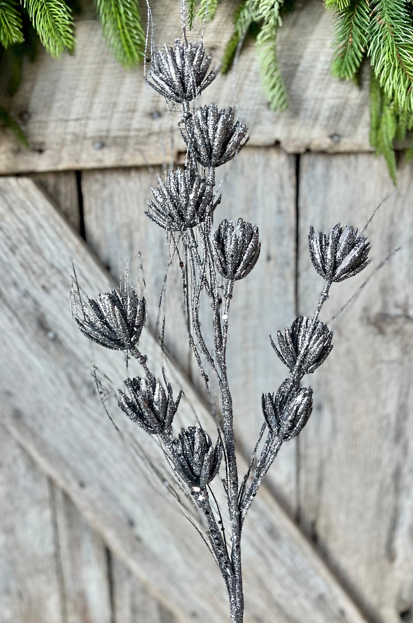 30" Pewter Mini Flower Glitter Spray, Silver Spray, Dark Silver Glitter Spray, Christmas Spray, Christmas Tree Spray, Picks and Stems