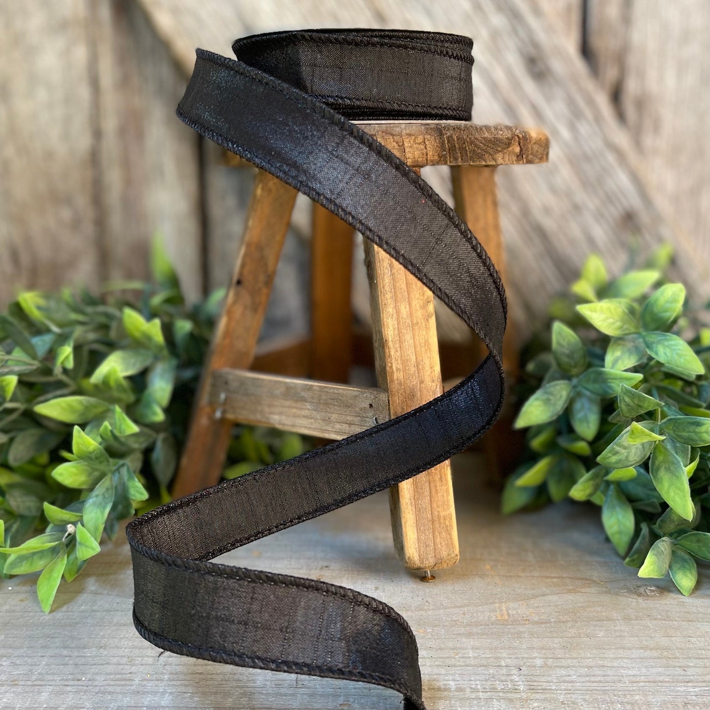 1" Black Luster Ribbon, wired Ribbon