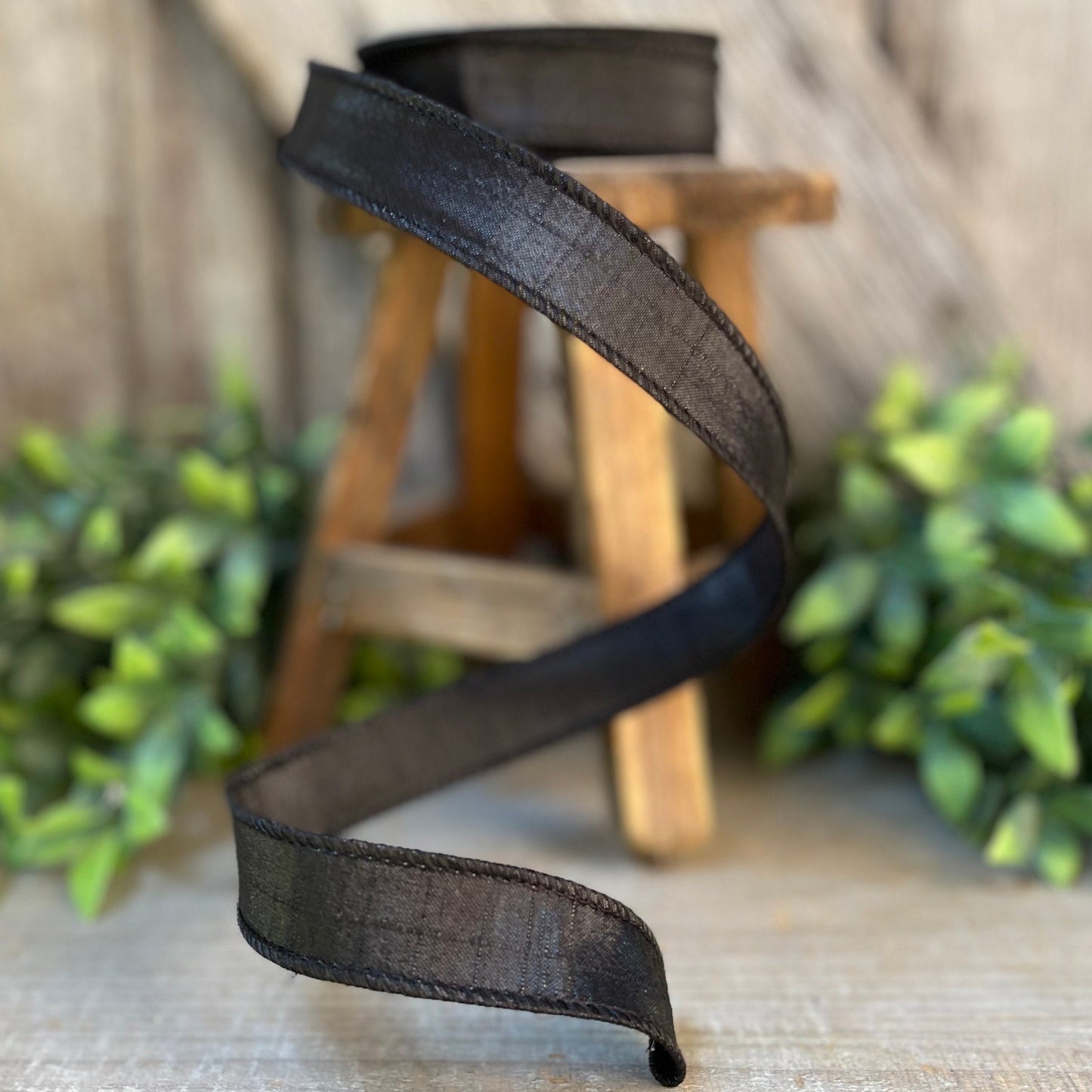 1" Black Luster Ribbon, wired Ribbon