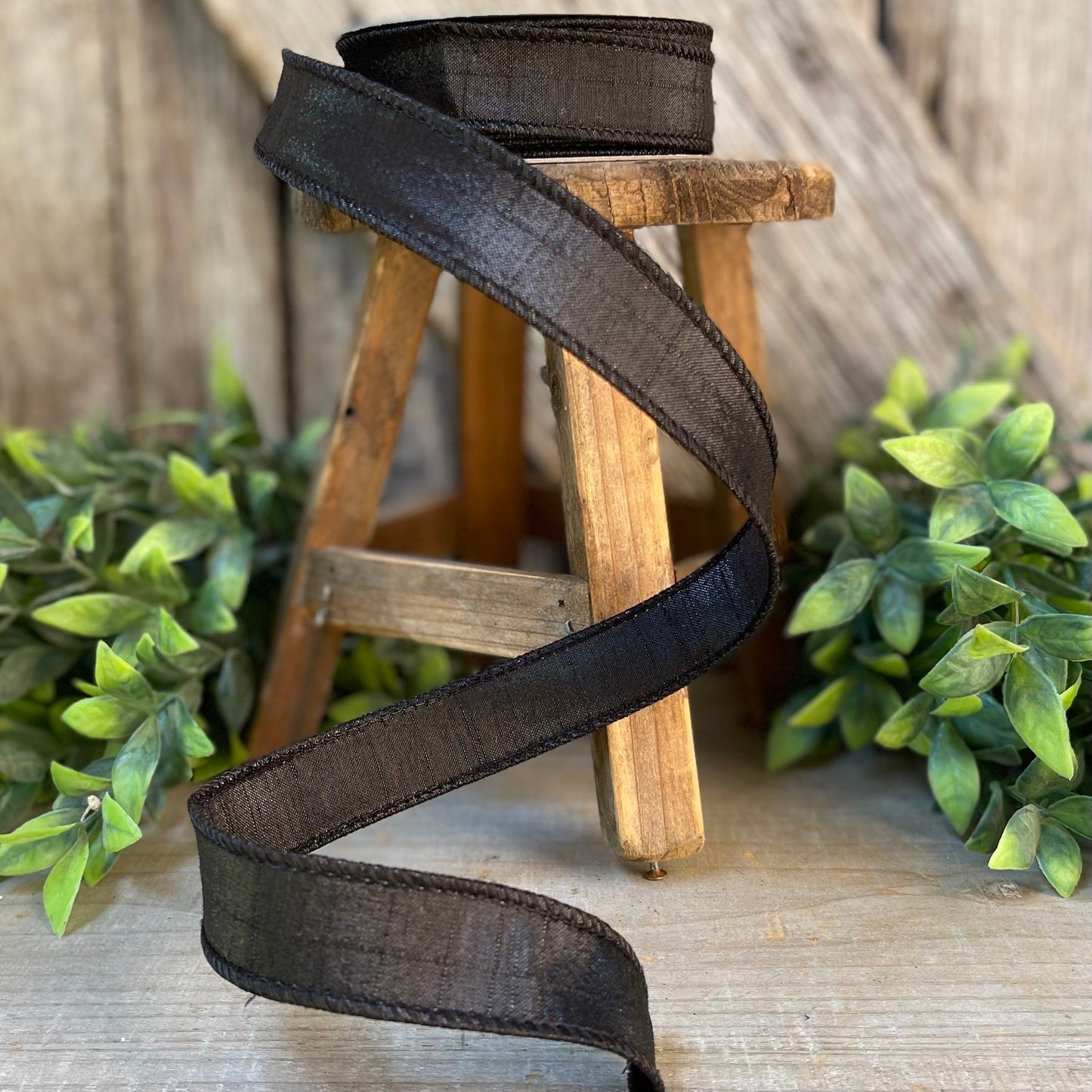 1" Black Luster Ribbon, wired Ribbon