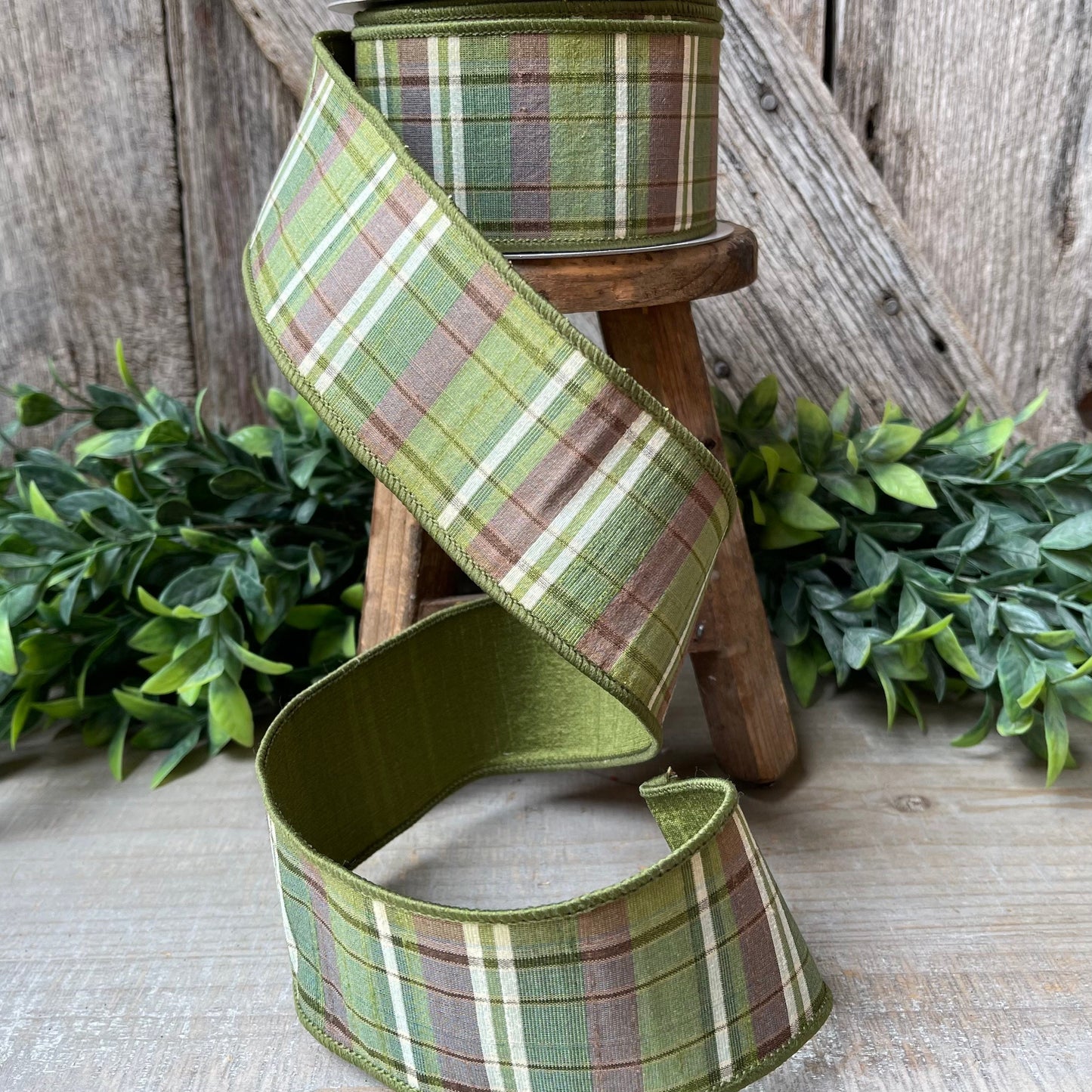 2.5" Green Moss and Brown Fall Plaid Ribbon, Woodsey Fall Ribbon, Farrisilk Ribbon