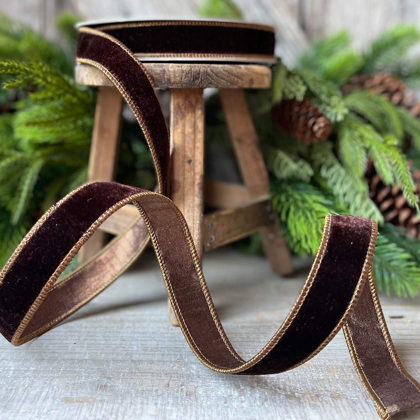 1”Chocolate Velvet Ribbon, Farrisilk ribbon, designer ribbon, 1 inch velvet, fall wired ribbon, wreath supply, craft supply