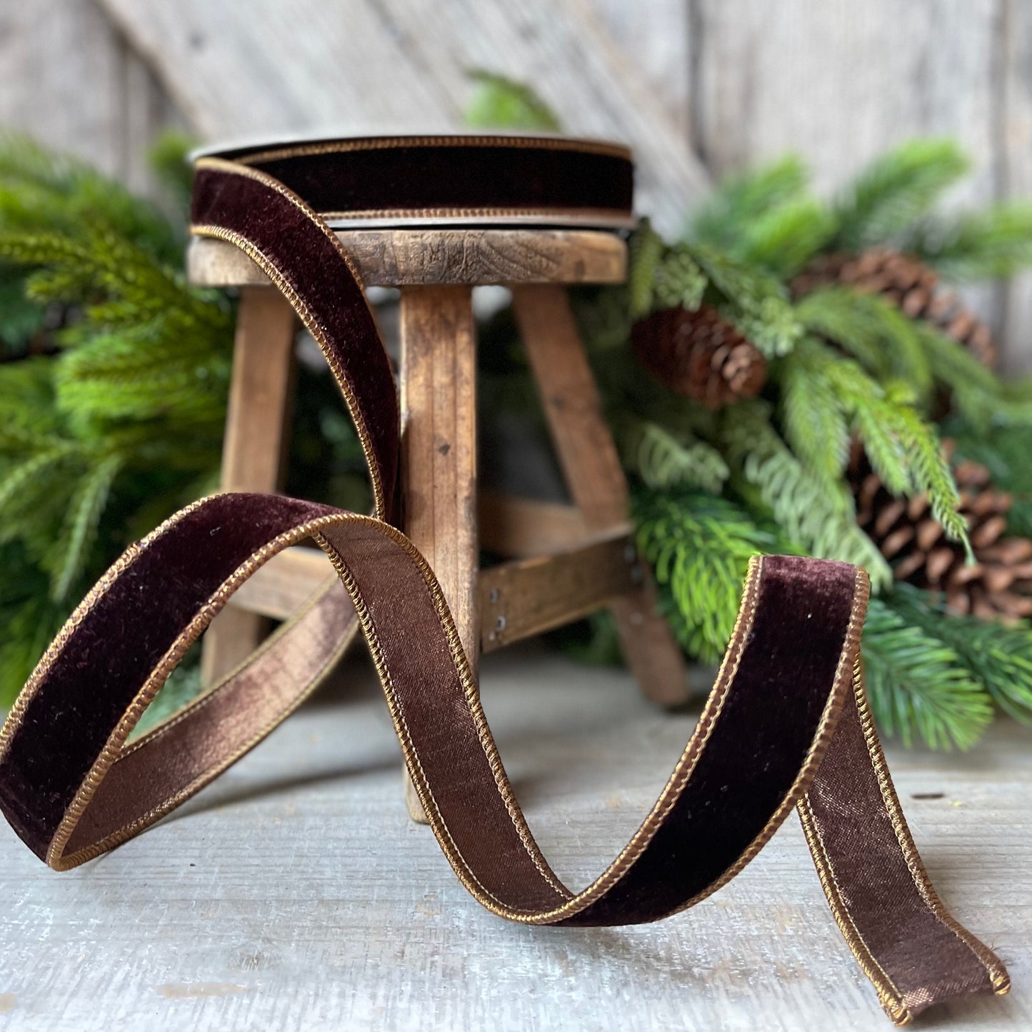 1”Chocolate Velvet Ribbon, Farrisilk ribbon, designer ribbon, 1 inch velvet, fall wired ribbon, wreath supply, craft supply