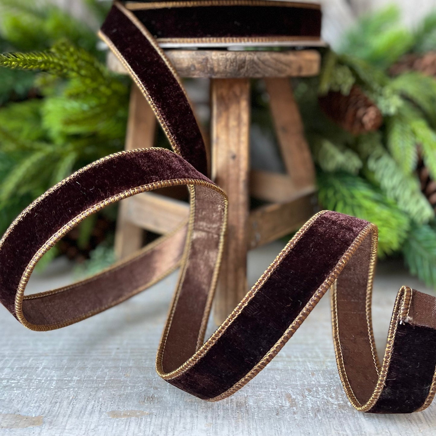 1”Chocolate Velvet Ribbon, Farrisilk ribbon, designer ribbon, 1 inch velvet, fall wired ribbon, wreath supply, craft supply