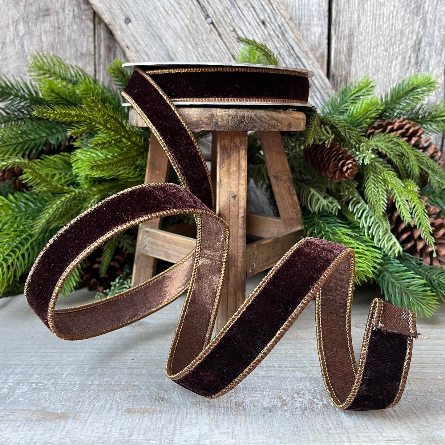 1”Chocolate Velvet Ribbon, Farrisilk ribbon, designer ribbon, 1 inch velvet, fall wired ribbon, wreath supply, craft supply