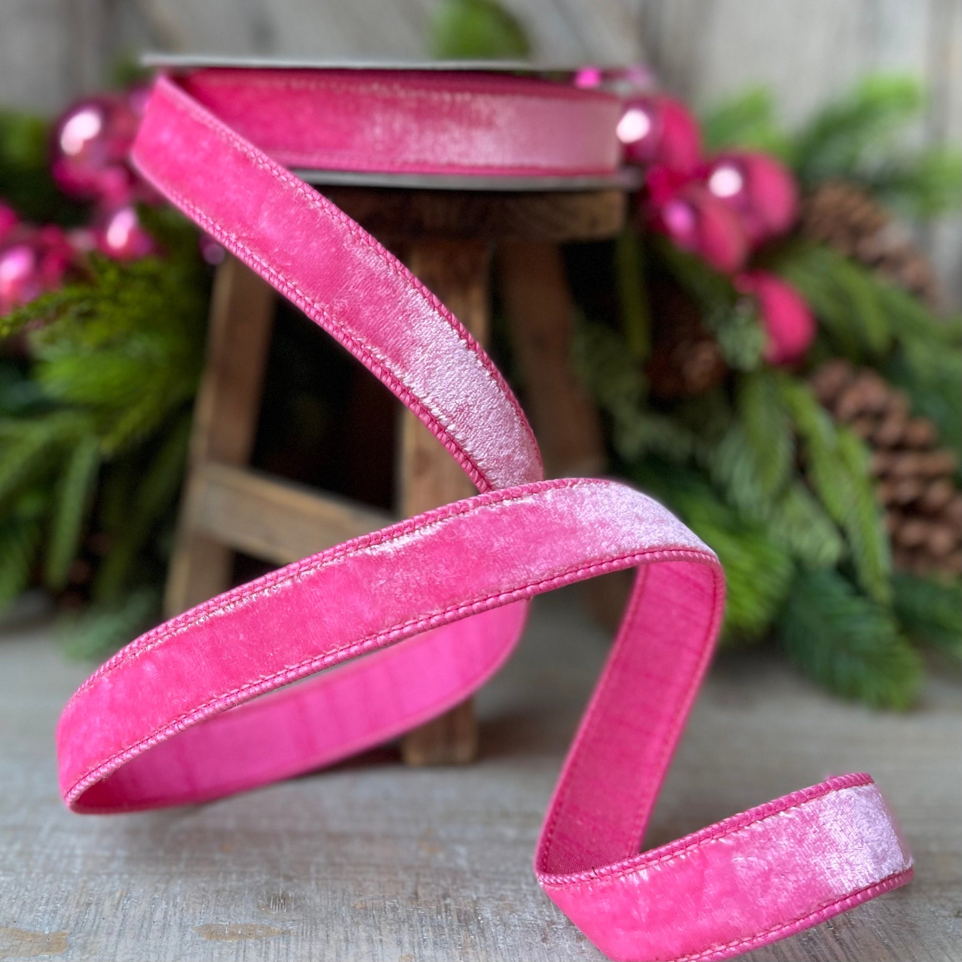 1" BubbleGum Pink Velvet Ribbon, Wired Velvet Ribbon, 1 inch Velvet Ribbon