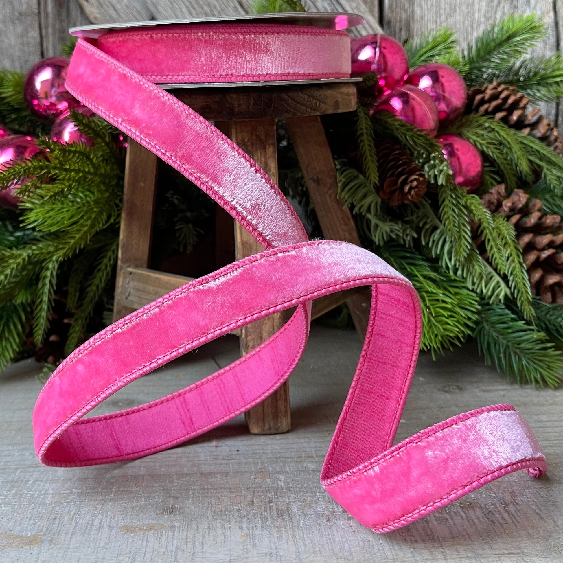 1" BubbleGum Pink Velvet Ribbon, Wired Velvet Ribbon, 1 inch Velvet Ribbon