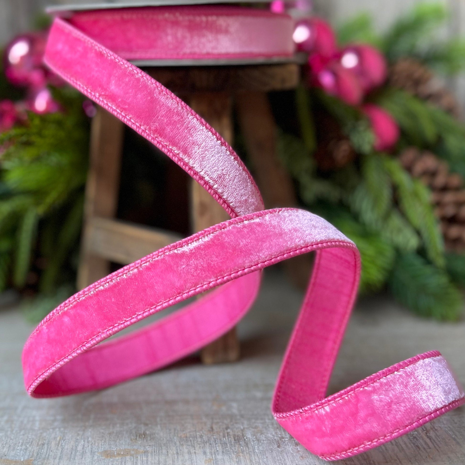 1" BubbleGum Pink Velvet Ribbon, Wired Velvet Ribbon, 1 inch Velvet Ribbon