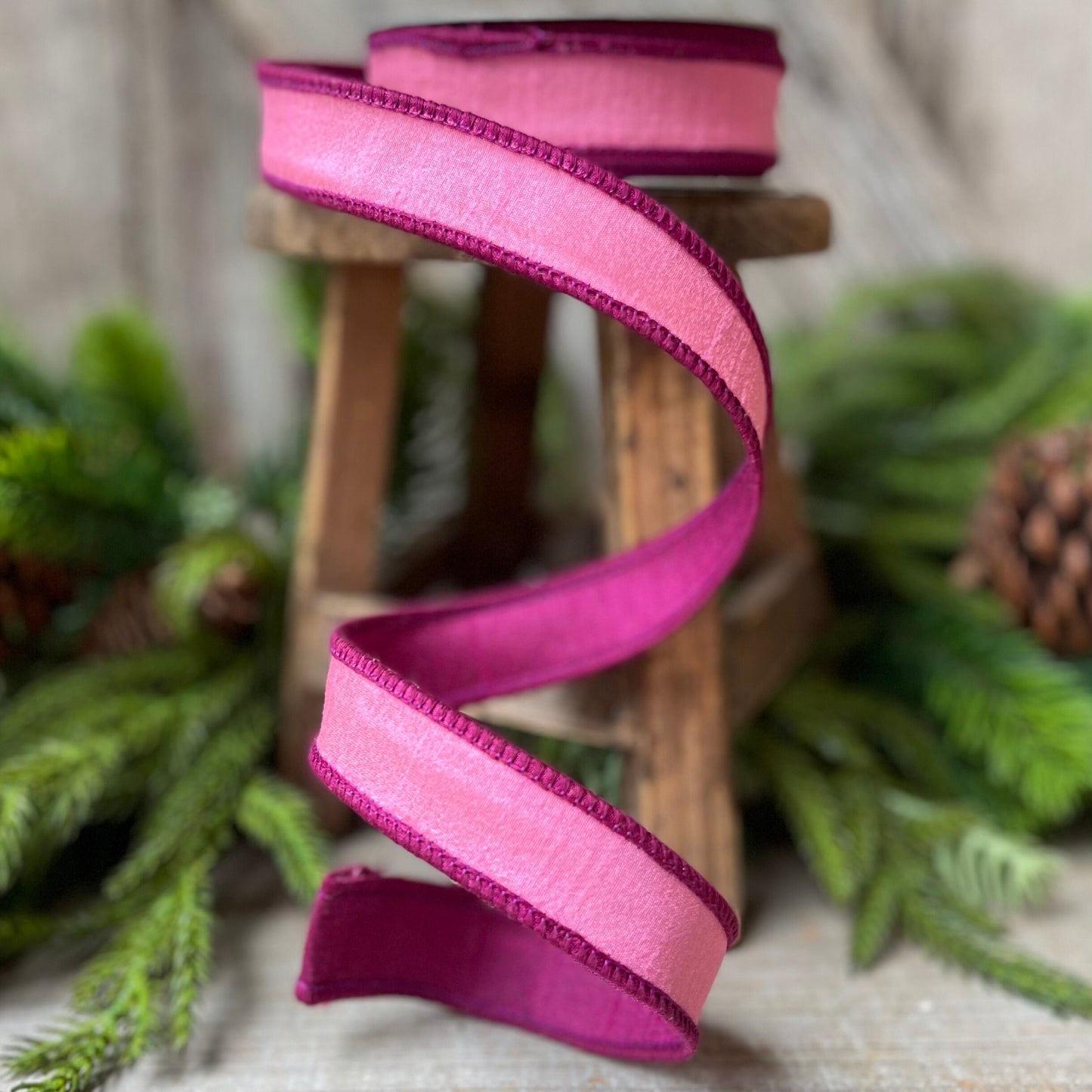 1" Pink Contrast Taffeta, Farrisilk Ribbon, Wired Ribbon