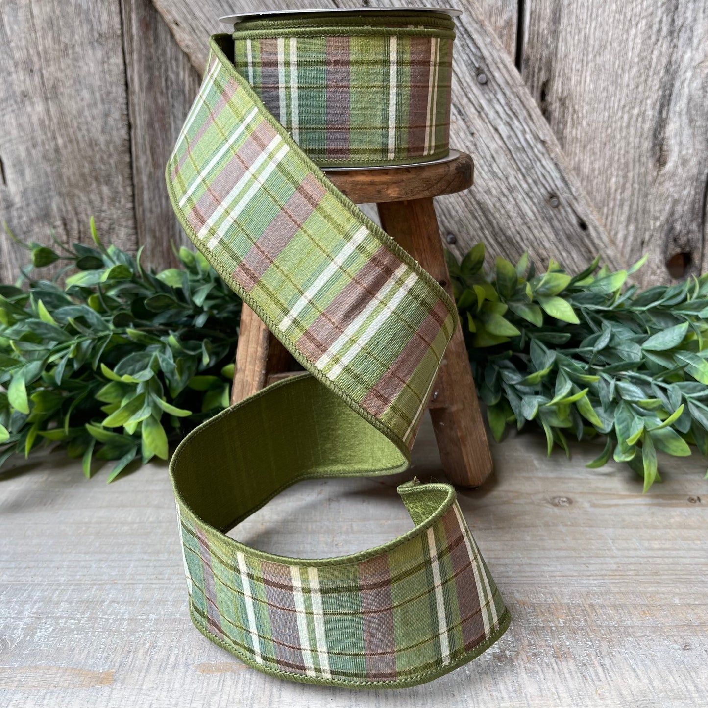 2.5" Green Moss and Brown Fall Plaid Ribbon, Woodsey Fall Ribbon, Farrisilk Ribbon