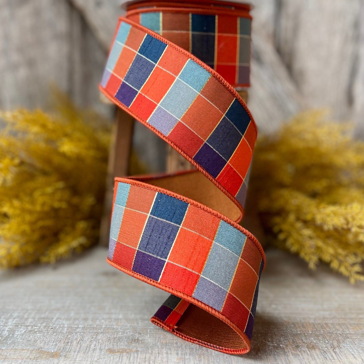 2.5" Orange Sedona Checks, Farrisilk Ribbon, Fall Ribbon