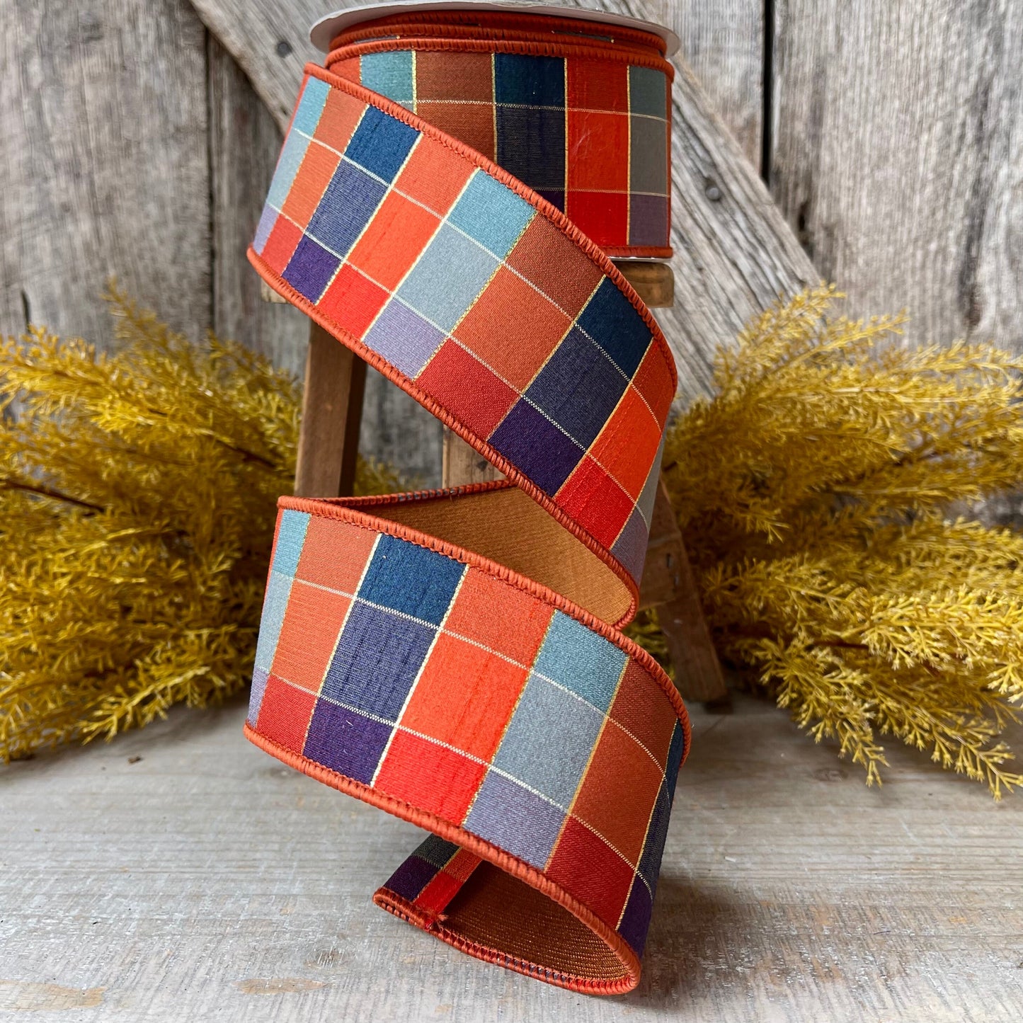 2.5" Orange Sedona Checks, Farrisilk Ribbon, Fall Ribbon