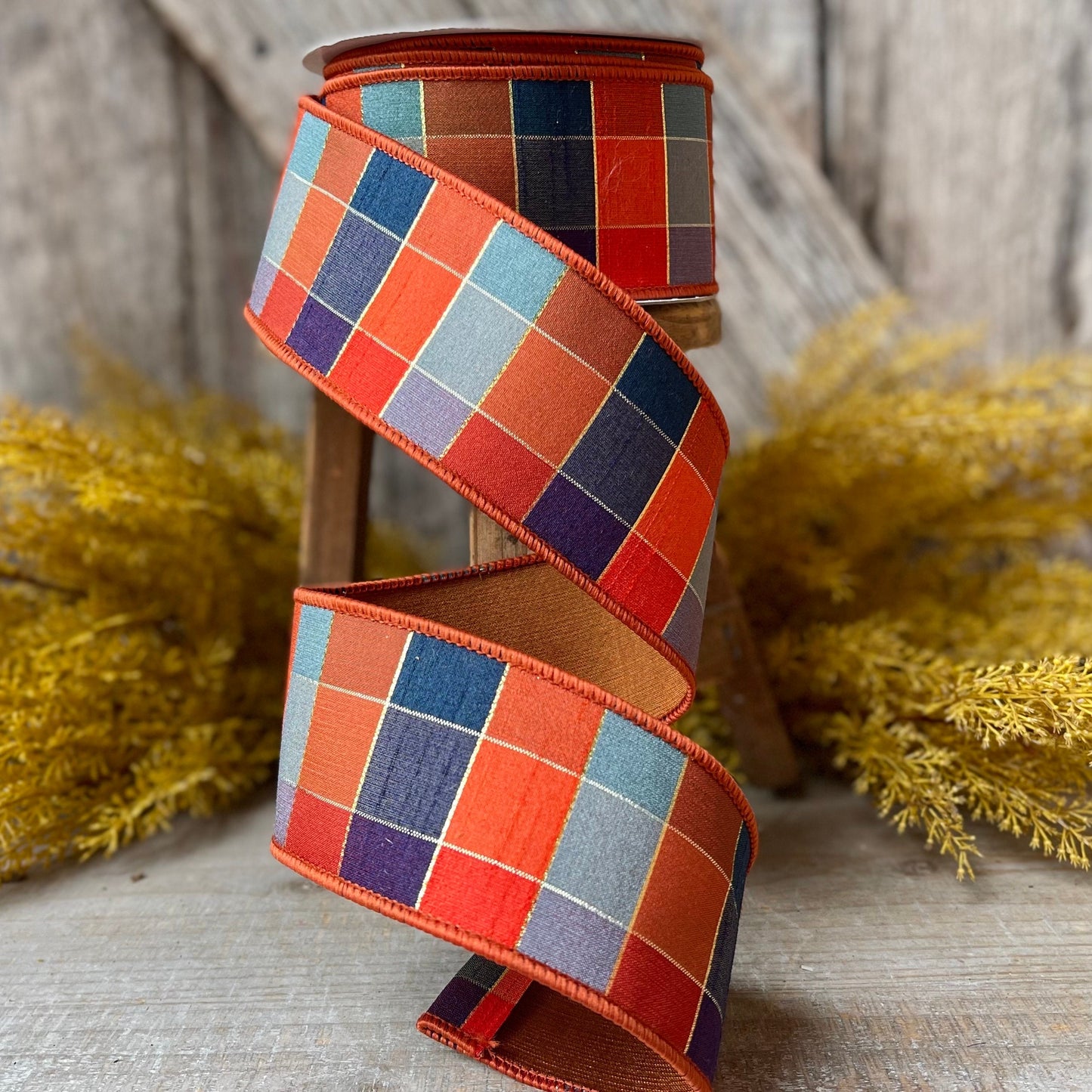 2.5" Orange Sedona Checks, Farrisilk Ribbon, Fall Ribbon
