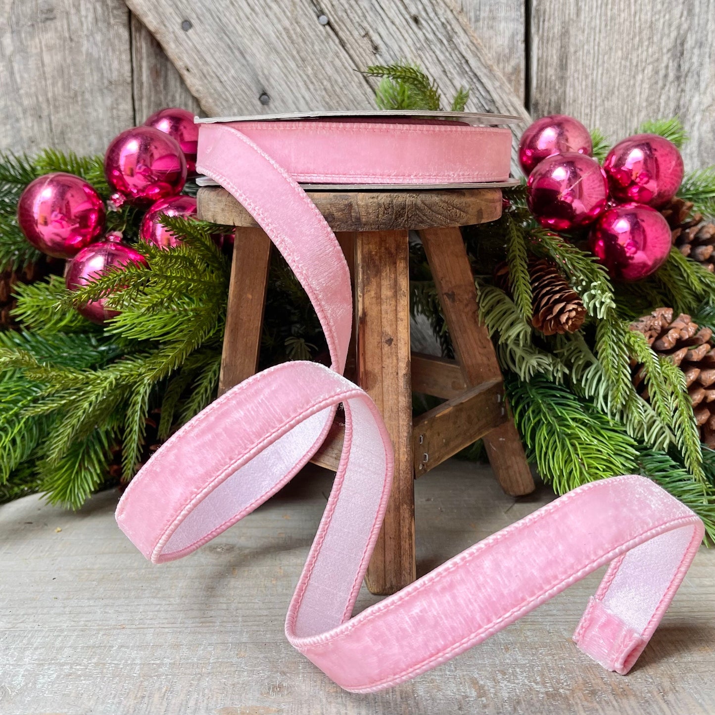 1" Baby Pink Velvet Ribbon, Wired Velvet Ribbon, 1 inch Velvet Ribbon