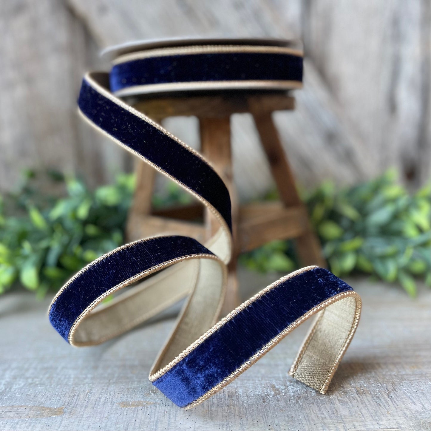 1" Navy Gold Two Tone Velvet RIbbon, Farrisilk Velvet Ribbon, Farrisilk