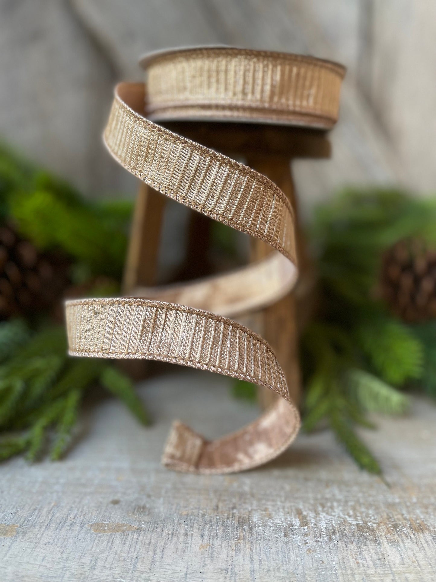1" Rose Gold Pleated Metallic Ribbon, Farrisilk Ribbon, Wired Ribbon