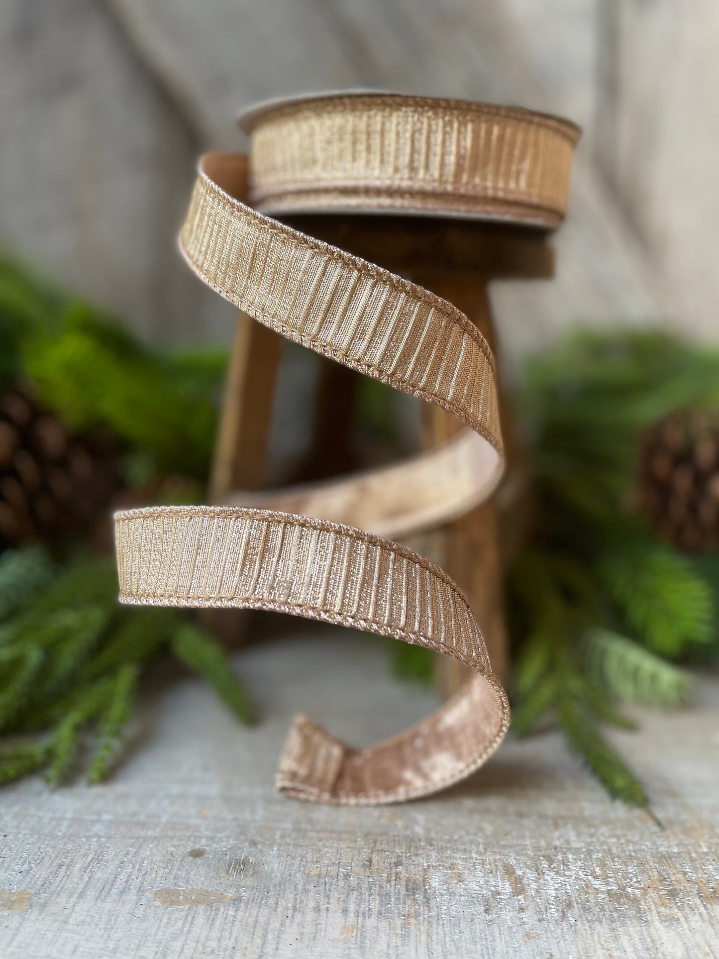 1" Rose Gold Pleated Metallic Ribbon, Farrisilk Ribbon, Wired Ribbon