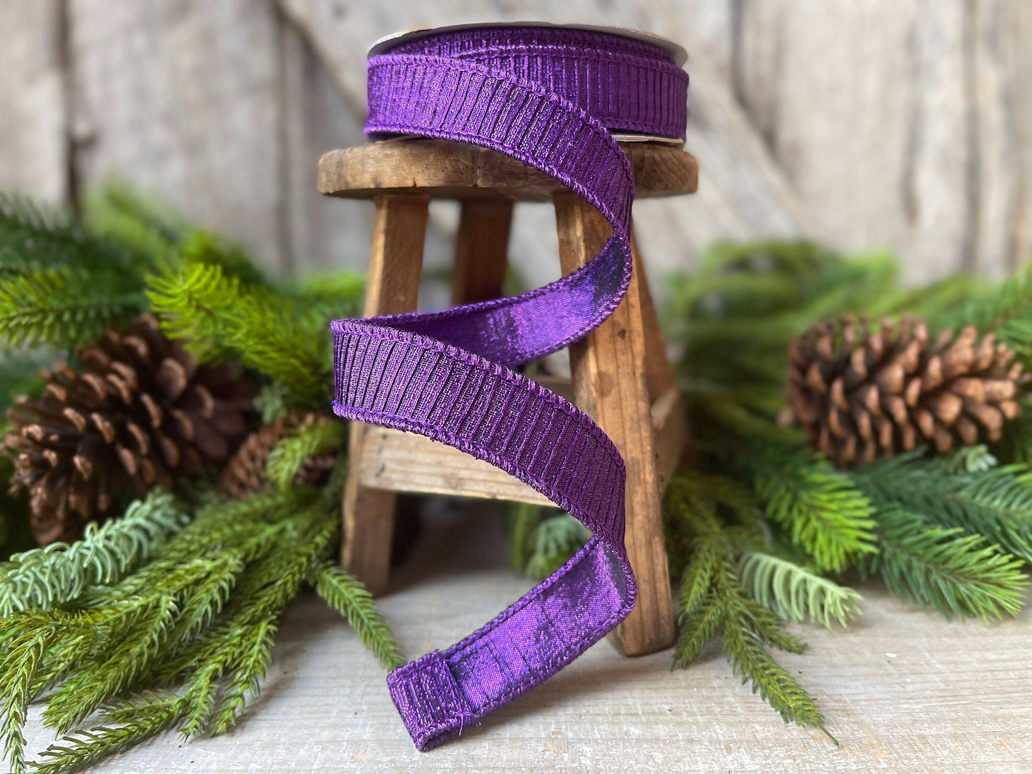 1" Purple Pleated Metallic Wired Ribbon, Farrisilk Ribbon