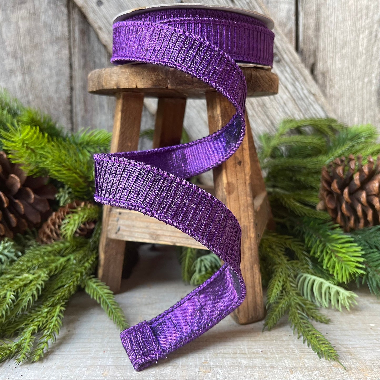 1" Purple Pleated Metallic Wired Ribbon, Farrisilk Ribbon