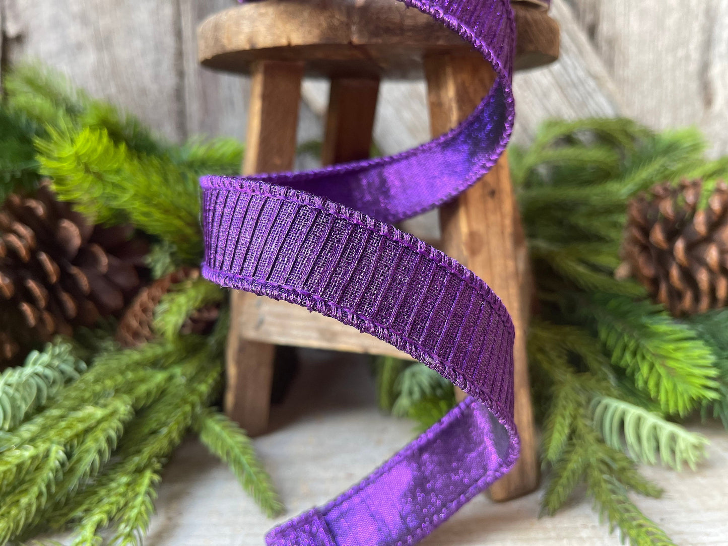 1" Purple Pleated Metallic Wired Ribbon, Farrisilk Ribbon