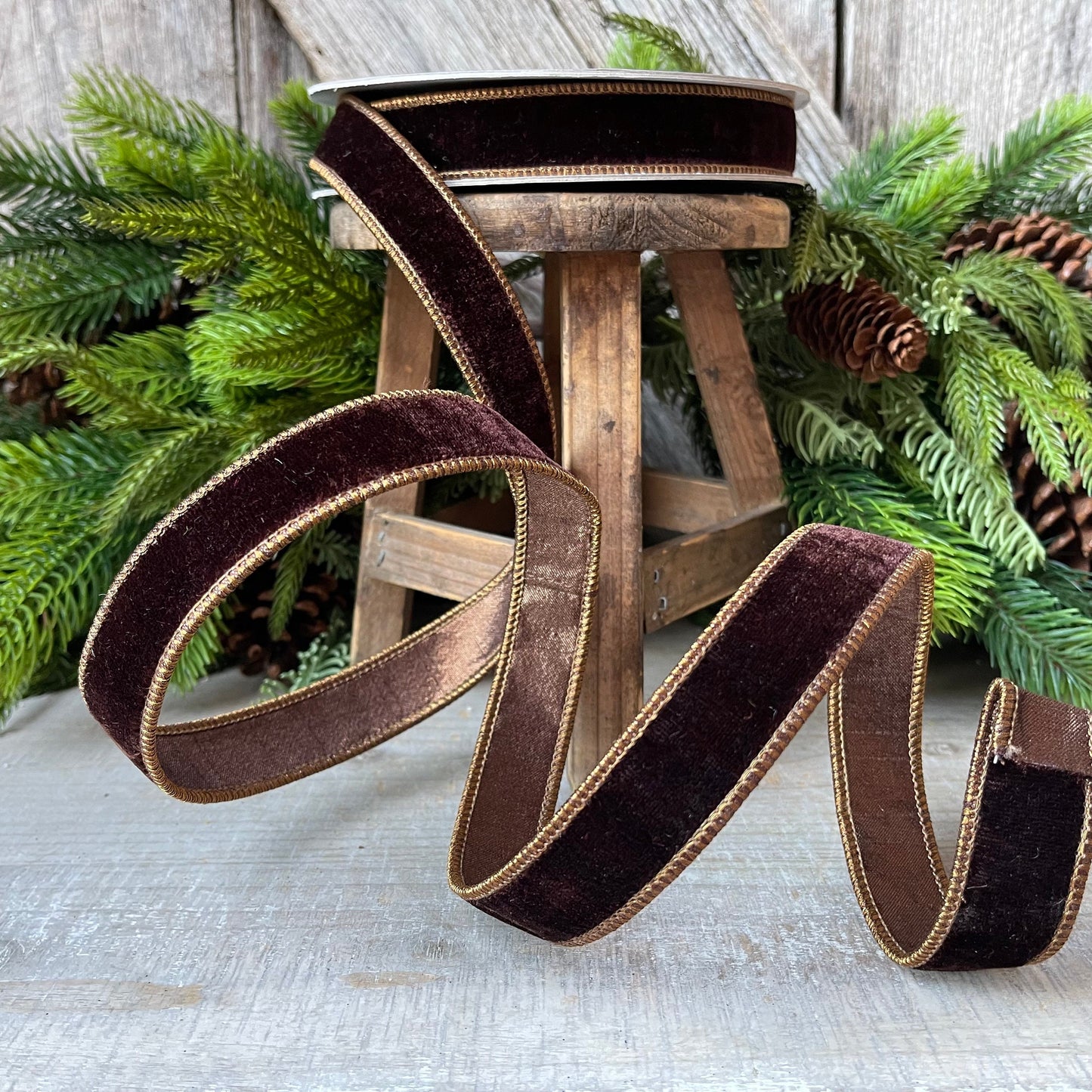 1”Chocolate Velvet Ribbon, Farrisilk ribbon, designer ribbon, 1 inch velvet, fall wired ribbon, wreath supply, craft supply