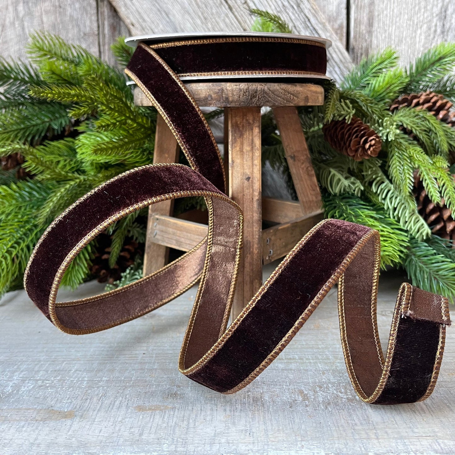 1”Chocolate Velvet Ribbon, Farrisilk ribbon, designer ribbon, 1 inch velvet, fall wired ribbon, wreath supply, craft supply